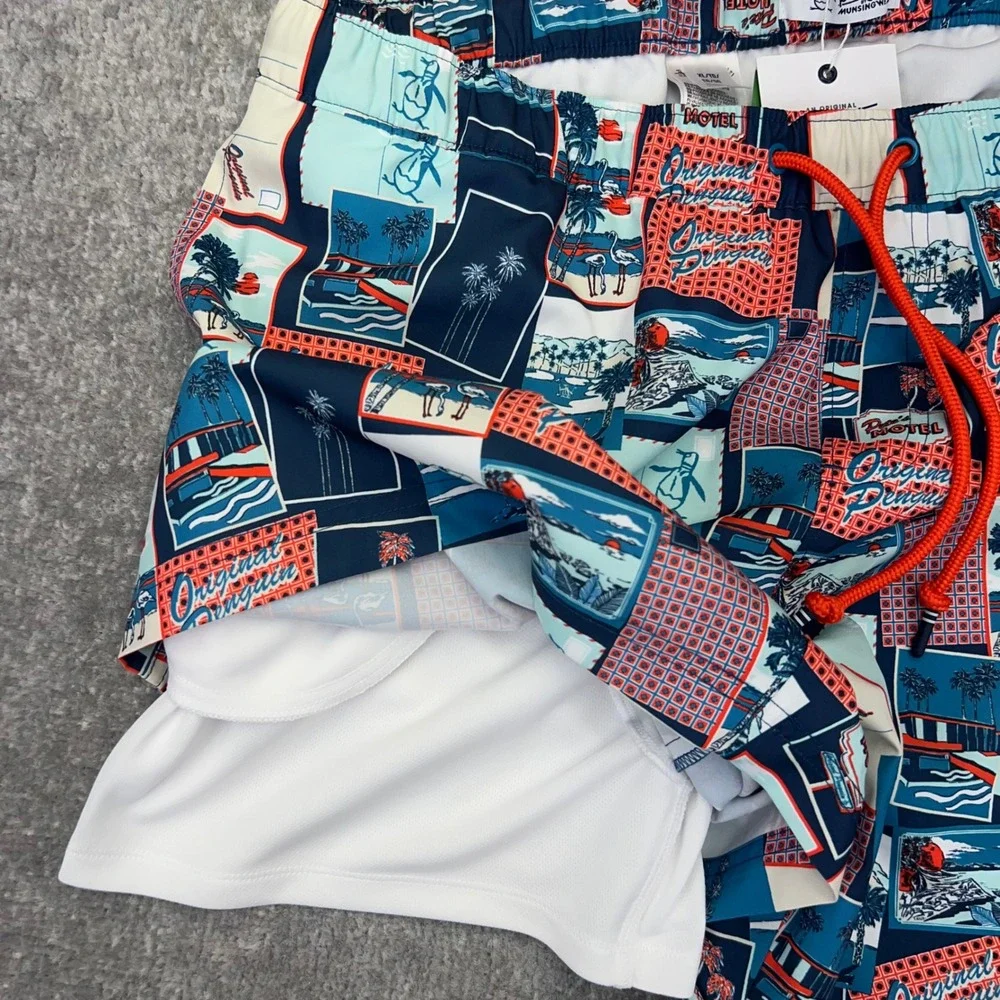 ORIGINAL PENGUIN Men's XL Swim Trunks Postcard Motel Print Blue Beach Shorts NWT